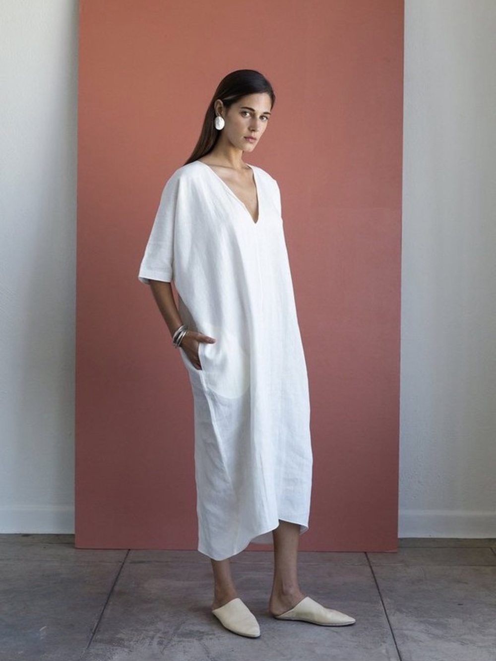 Rachel Craven 100% Linen White V Neck Cocoon Dress Caftan  *701